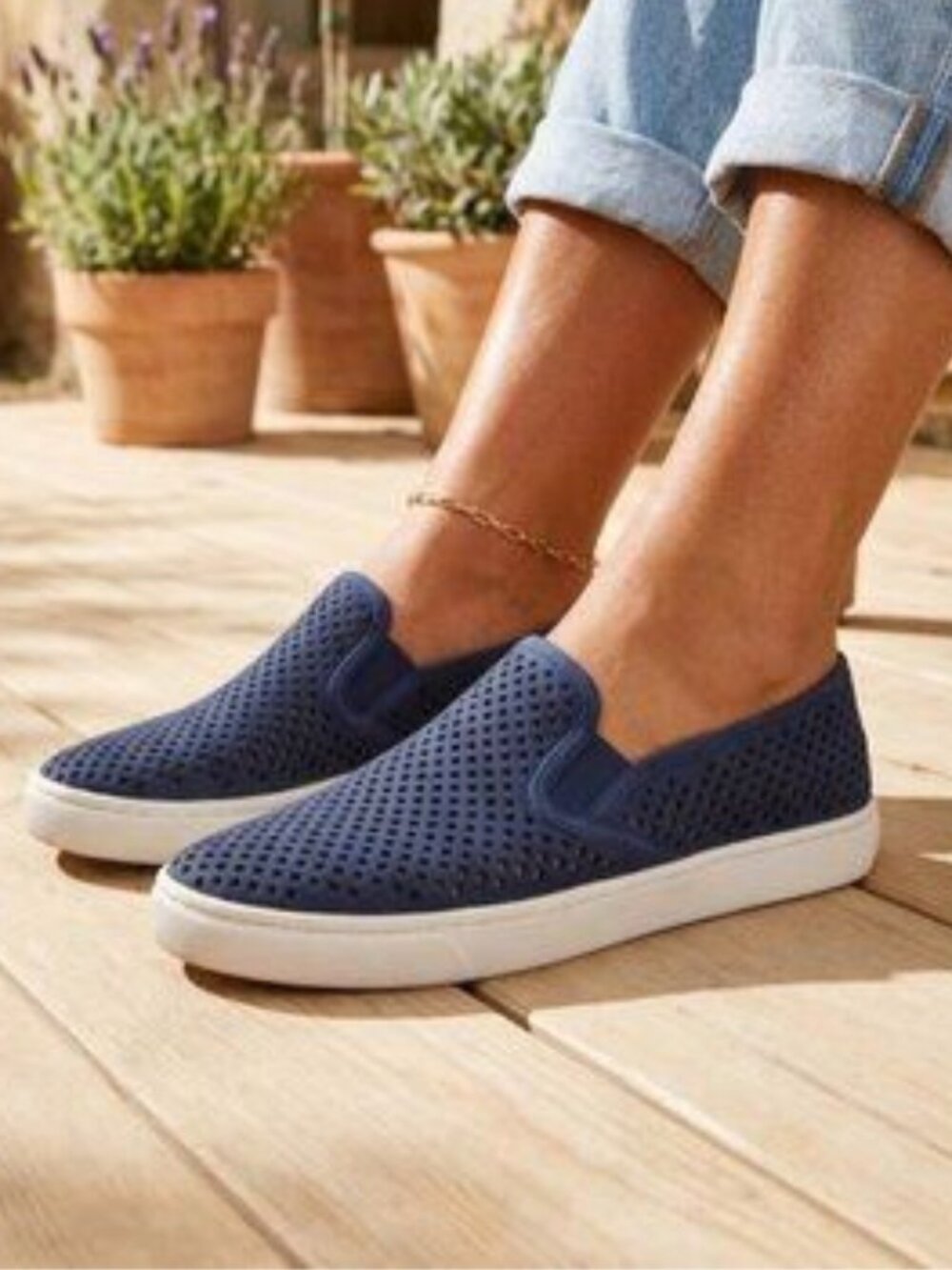 Tory Burch Blue Suede Leather Perforated Round Toe Slip On Sneakers